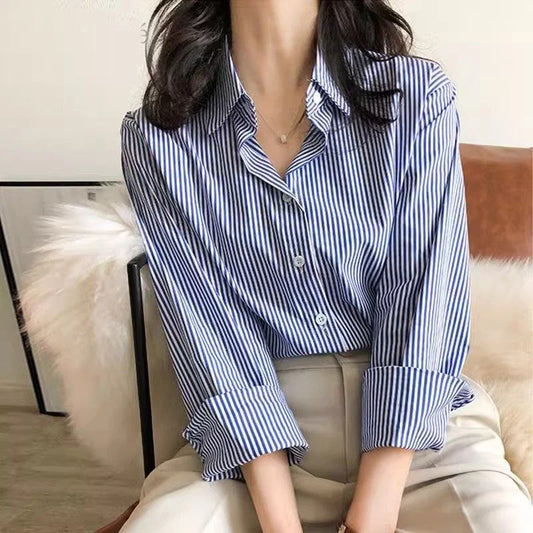 Camicette classiche da donna a righe primavera autunno camicia da donna manica lunga a lanterna colletto alla coreana Blusas larghi