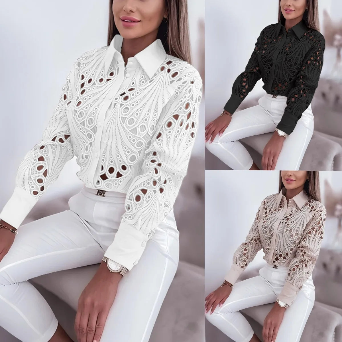 2025 Camicie e camicette da donna Elegante sexy scava fuori Turn Down Neck Camicetta solida Camisas De Mujer Camicia di pizzo bianco da donna