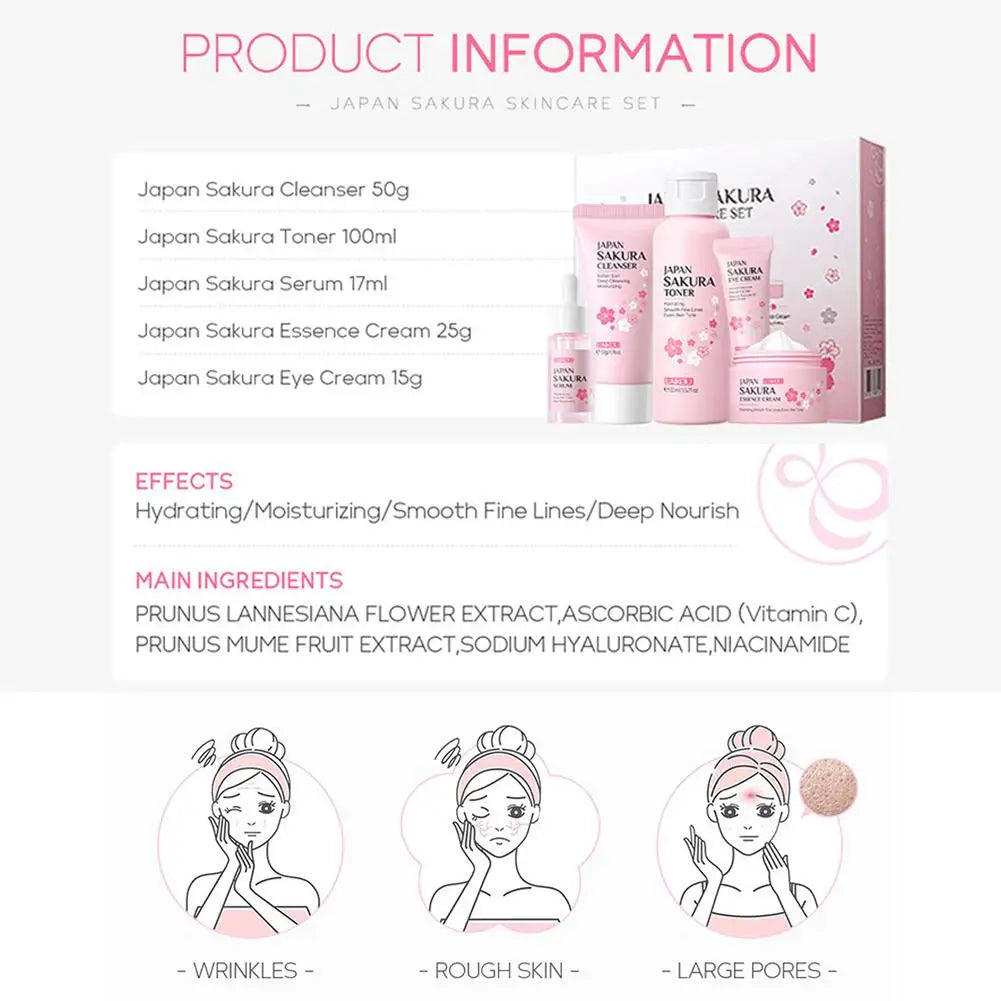 5/3 pz/set Sakura Set Per La Cura Della Pelle Crema Per Il Viso Siero Toner Detergente Per Il Viso Crema Solare Crema Per Gli Occhi Confezione Regalo Viso Set Per La Cura Della Pelle Prodotto