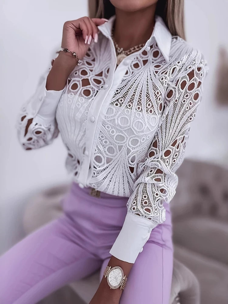 2025 Camicie e camicette da donna Elegante sexy scava fuori Turn Down Neck Camicetta solida Camisas De Mujer Camicia di pizzo bianco da donna
