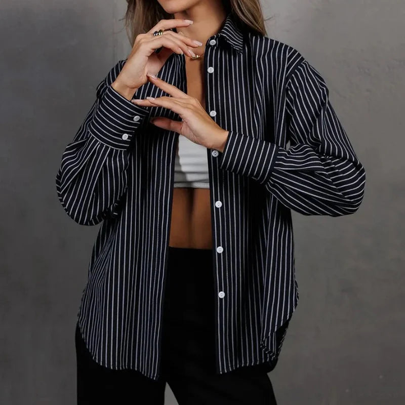 Camicia a righe blu moda da donna 2025 OL manica lunga colletto rovesciato camicetta donna abbottonatura camicie da ufficio larghe da donna