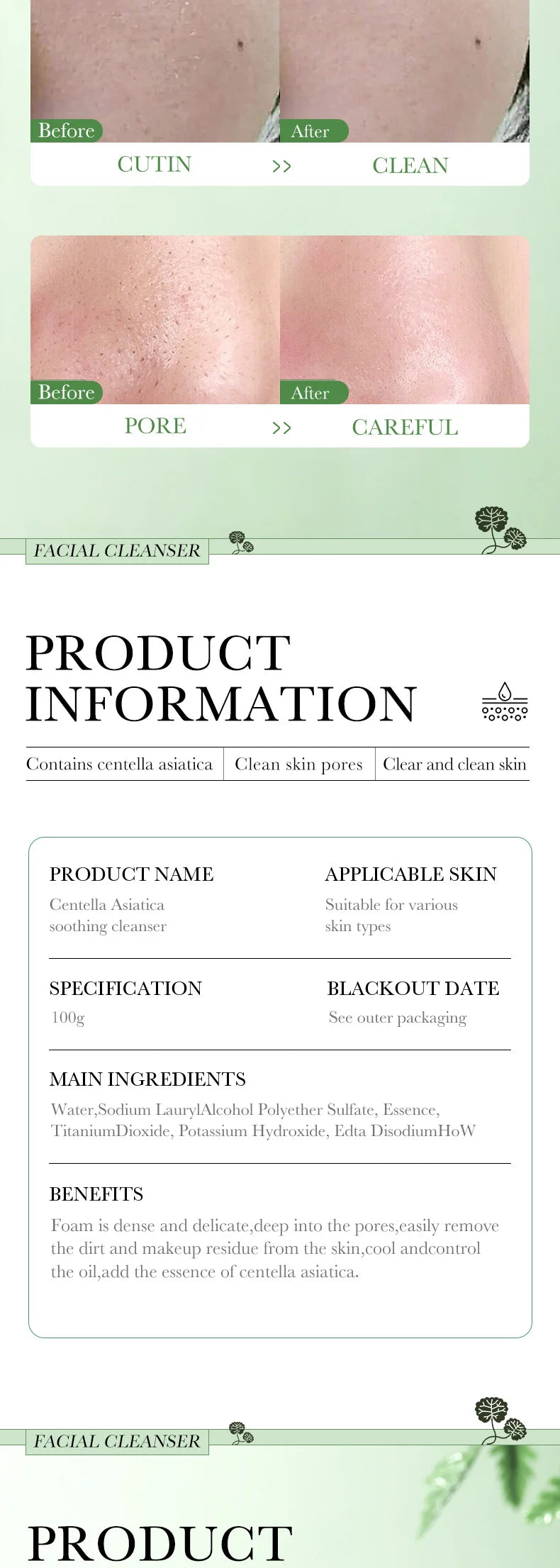 BIOAQUA Centella Asiatica Detergente viso Idratante Controllo olio Pulizia viso Schiuma detergente viso Detergente viso Cura della pelle