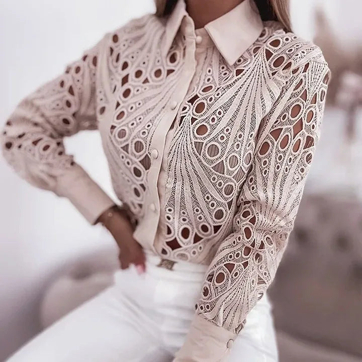 2025 Camicie e camicette da donna Elegante sexy scava fuori Turn Down Neck Camicetta solida Camisas De Mujer Camicia di pizzo bianco da donna