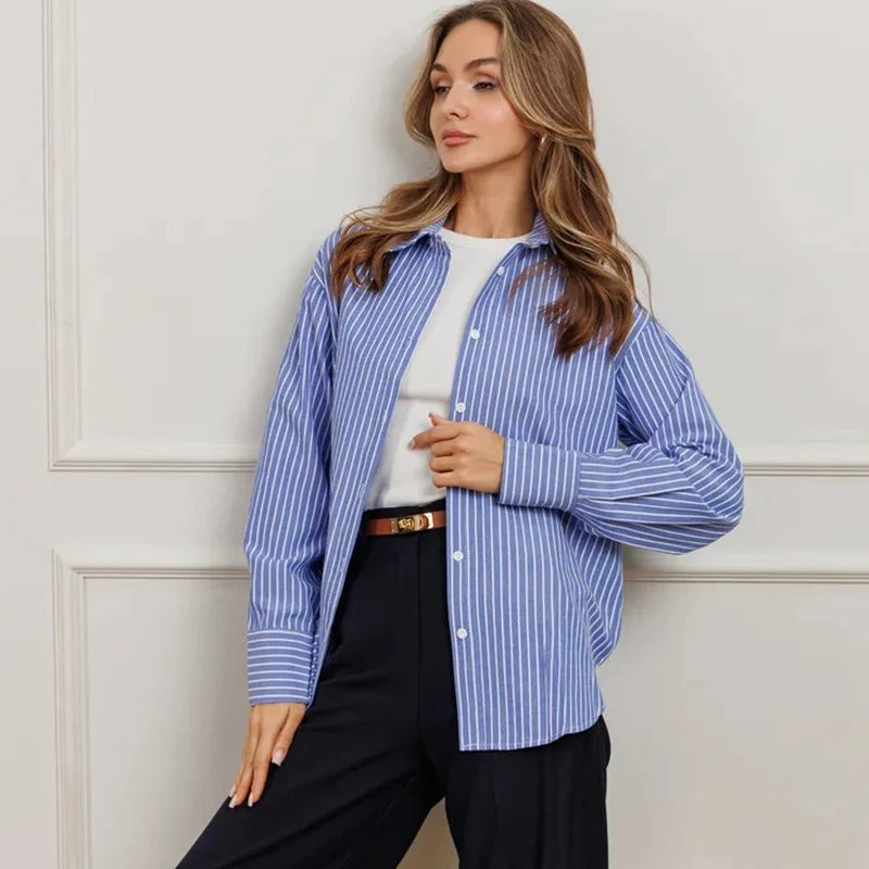 Camicia a righe blu moda da donna 2025 OL manica lunga colletto rovesciato camicetta donna abbottonatura camicie da ufficio larghe da donna