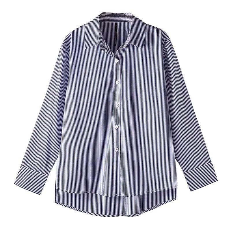 Camicette classiche da donna a righe primavera autunno camicia da donna manica lunga a lanterna colletto alla coreana Blusas larghi
