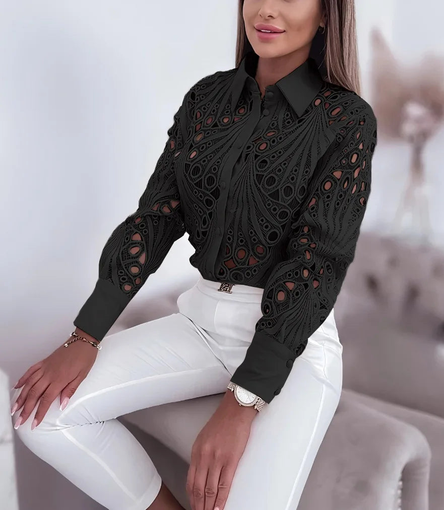2025 Camicie e camicette da donna Elegante sexy scava fuori Turn Down Neck Camicetta solida Camisas De Mujer Camicia di pizzo bianco da donna