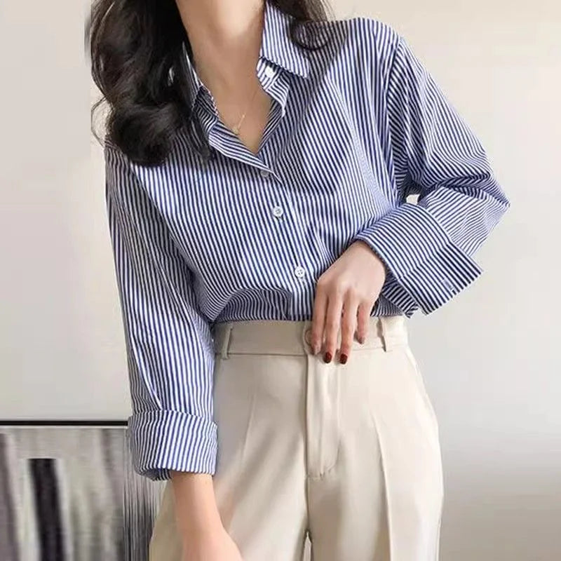 Camicette classiche da donna a righe primavera autunno camicia da donna manica lunga a lanterna colletto alla coreana Blusas larghi
