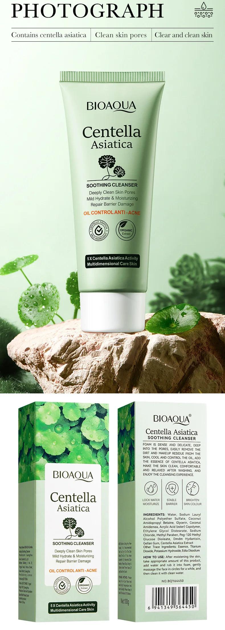 BIOAQUA Centella Asiatica Detergente viso Idratante Controllo olio Pulizia viso Schiuma detergente viso Detergente viso Cura della pelle