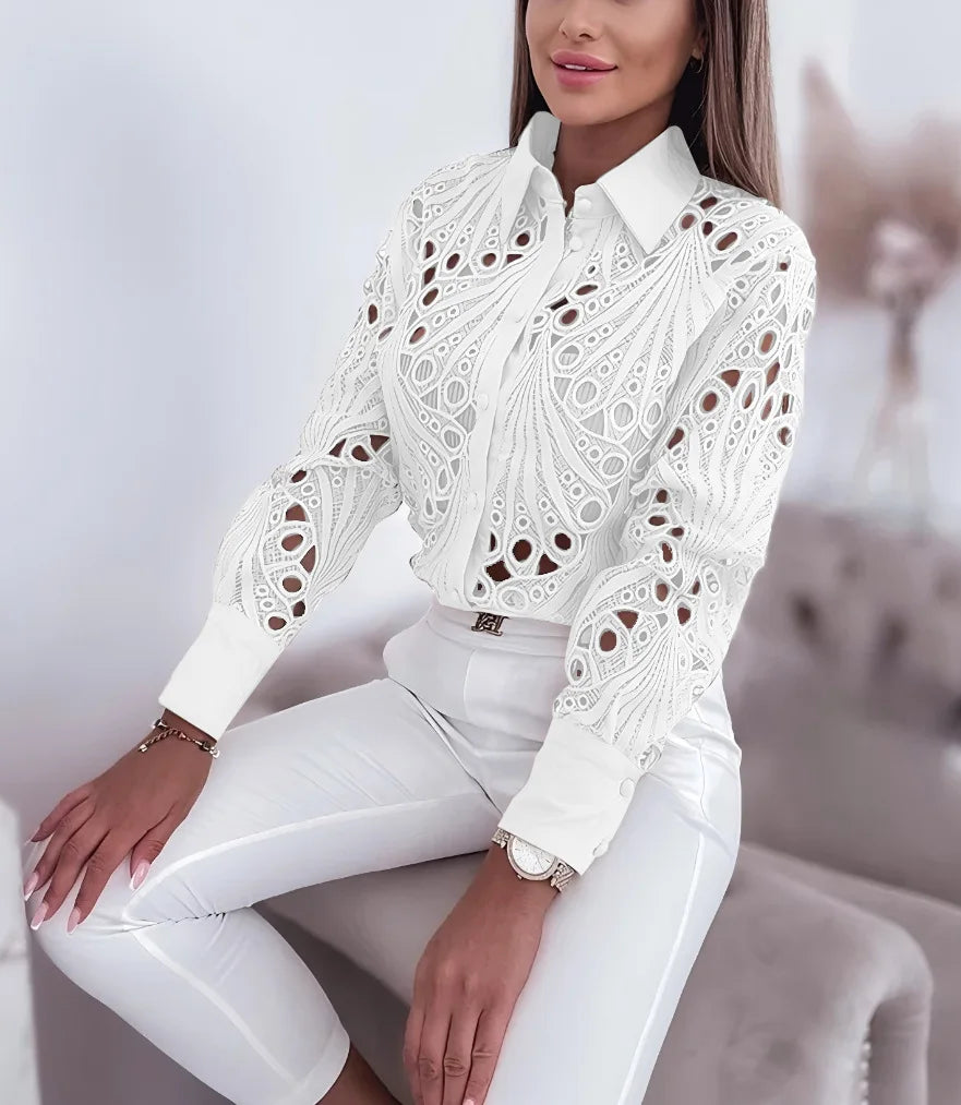 2025 Camicie e camicette da donna Elegante sexy scava fuori Turn Down Neck Camicetta solida Camisas De Mujer Camicia di pizzo bianco da donna