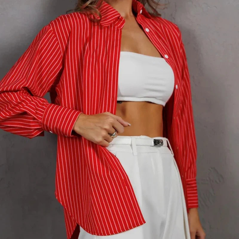 Camicia a righe blu moda da donna 2025 OL manica lunga colletto rovesciato camicetta donna abbottonatura camicie da ufficio larghe da donna