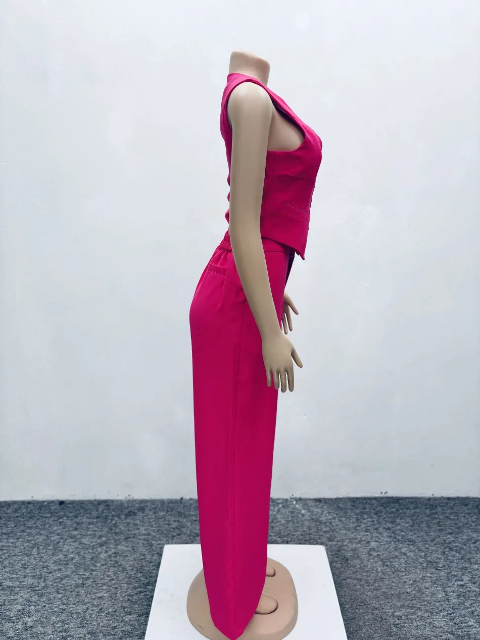 Set da due pezzi alla moda Completi da donna da ufficio Set da donna Tinta unita senza maniche con bottoni Gilet Camicia e pantaloni a gamba larga Set