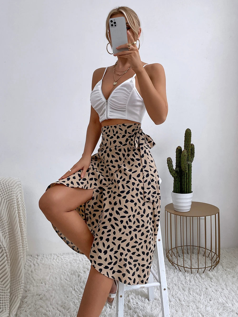 Benuynffy Boho Donna Casual Stampa Cravatta Gonna a portafoglio laterale Elegante vita alta Donna Estate Asimmetrico Lunghezza al ginocchio Gonne a trapezio
