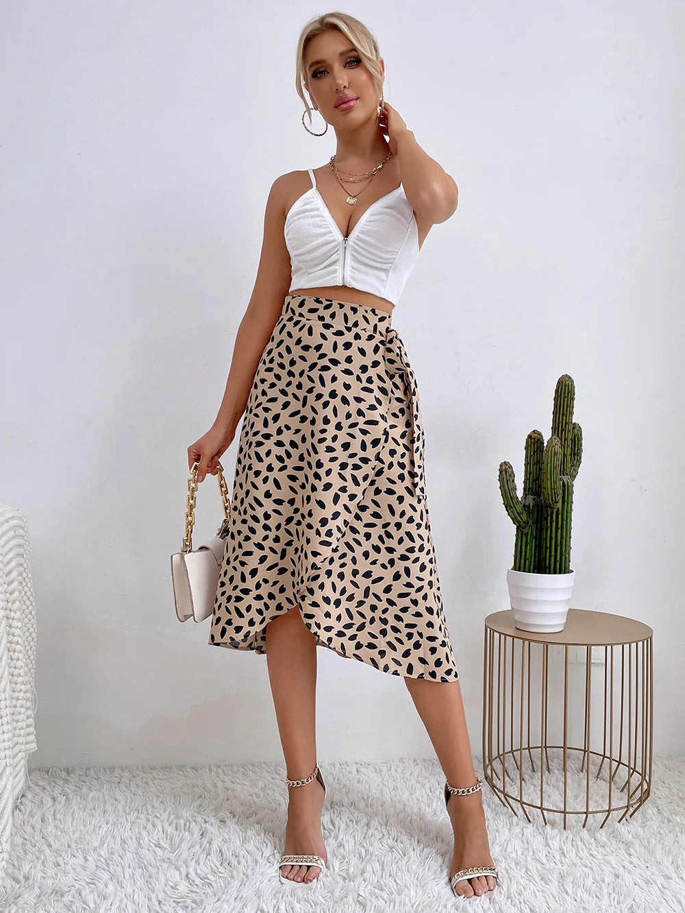 Benuynffy Boho Donna Casual Stampa Cravatta Gonna a portafoglio laterale Elegante vita alta Donna Estate Asimmetrico Lunghezza al ginocchio Gonne a trapezio