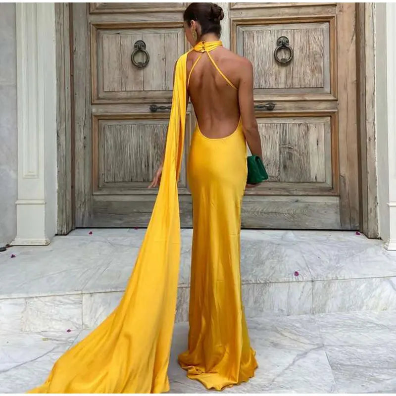 Elegante nastro solido Abito da donna con scollo all'americana con spalle scoperte Senza maniche Backless Slim Abiti lunghi femminili 2025 Estate New Chic Lady Robe
