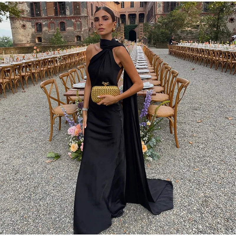 Elegante nastro solido Abito da donna con scollo all'americana con spalle scoperte Senza maniche Backless Slim Abiti lunghi femminili 2025 Estate New Chic Lady Robe