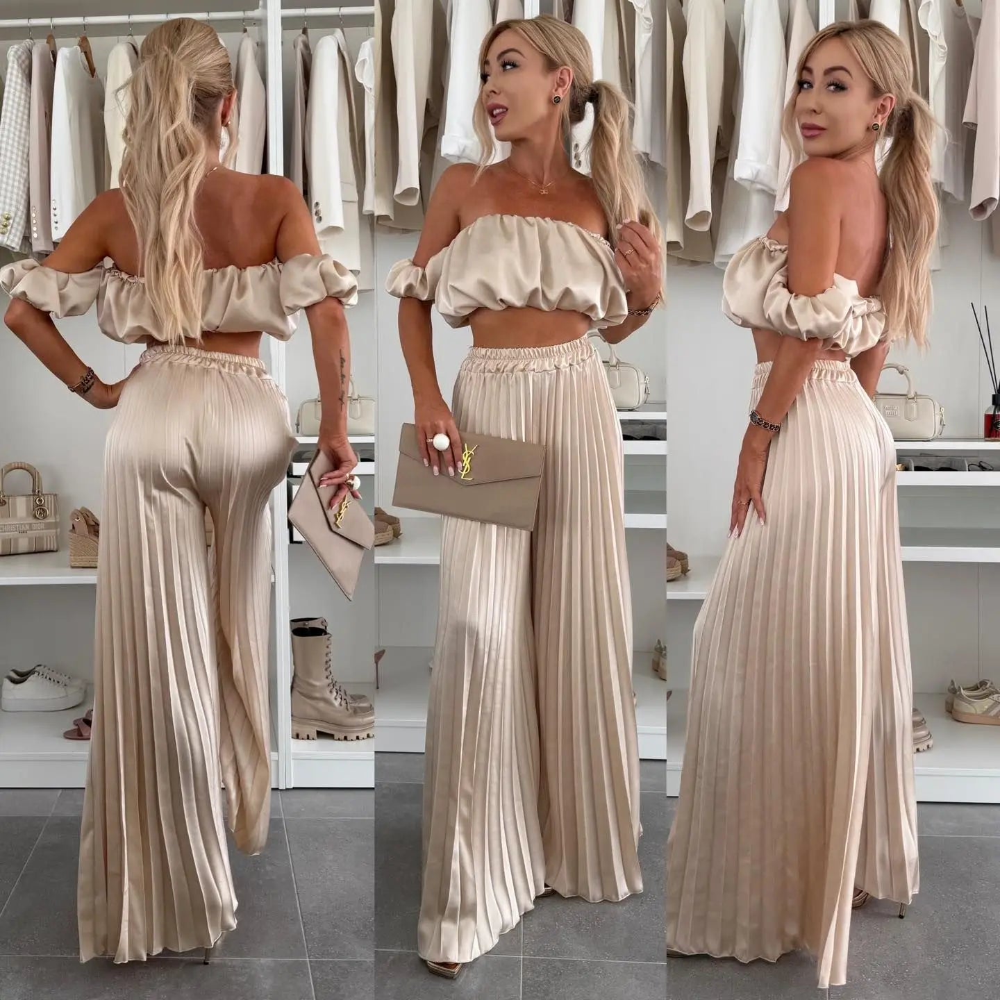 2025 moda estiva nuova donna elegante abito senza spalline casual tinta unita temperamento pantaloni elastici pieghevoli