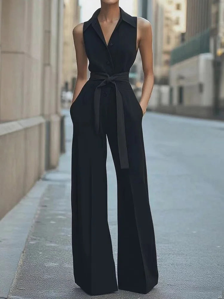 2025 Tute patchwork solide senza maniche, tute chic con colletto rovesciato per le vacanze estive da donna, tute semplici da donna con lacci