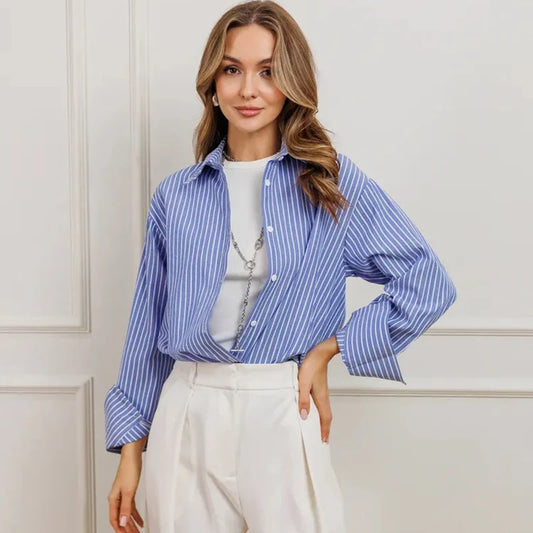 Camicia a righe blu moda da donna 2025 OL manica lunga colletto rovesciato camicetta donna abbottonatura camicie da ufficio larghe da donna