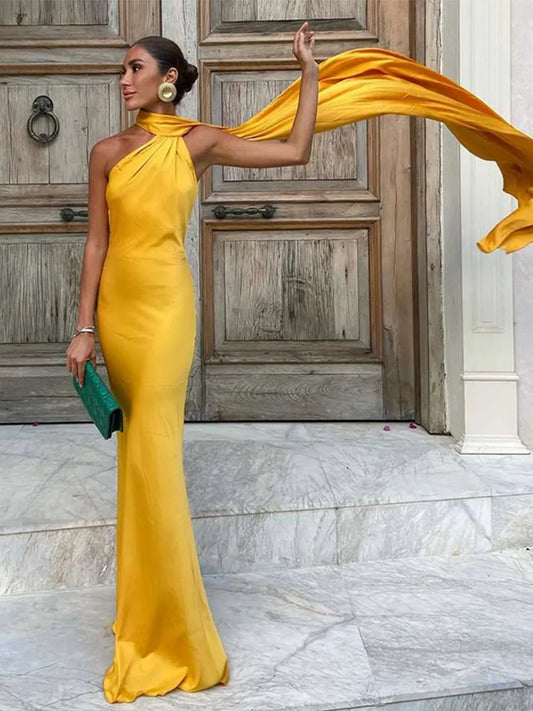 Elegante nastro solido Abito da donna con scollo all'americana con spalle scoperte Senza maniche Backless Slim Abiti lunghi femminili 2025 Estate New Chic Lady Robe
