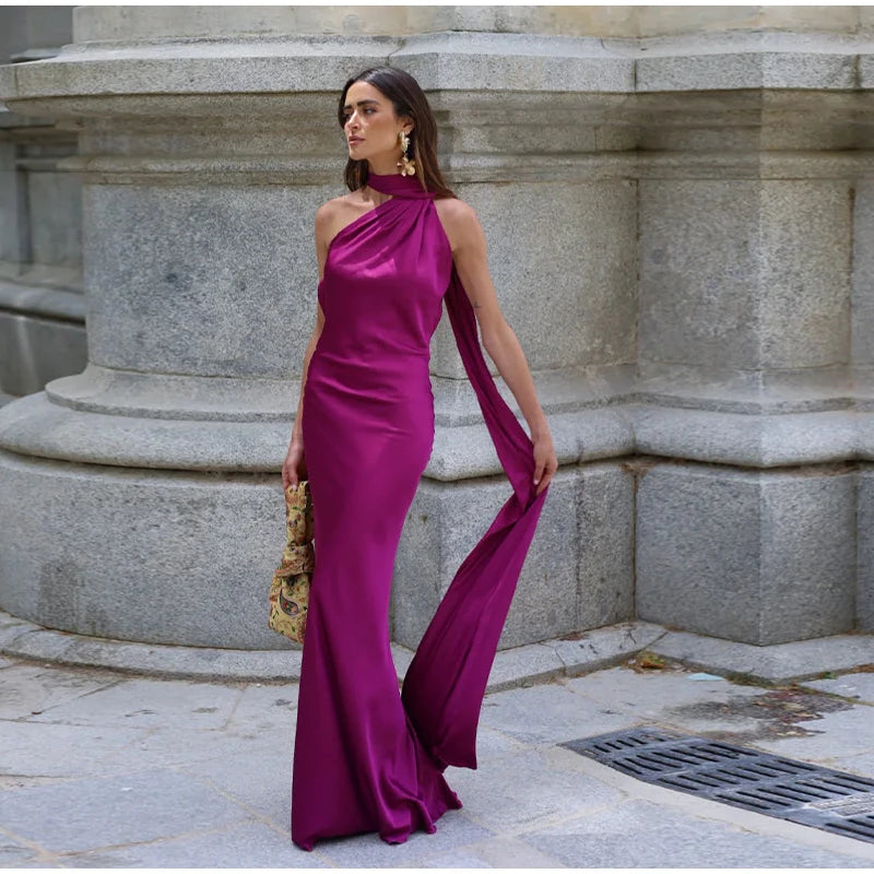 Elegante nastro solido Abito da donna con scollo all'americana con spalle scoperte Senza maniche Backless Slim Abiti lunghi femminili 2025 Estate New Chic Lady Robe