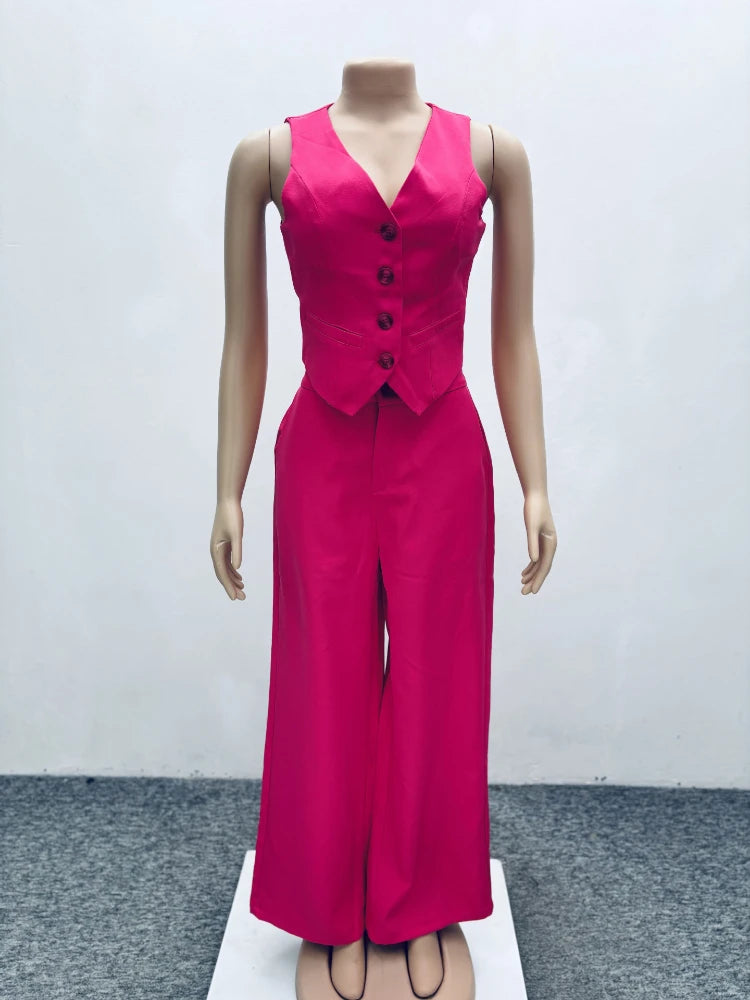 Set da due pezzi alla moda Completi da donna da ufficio Set da donna Tinta unita senza maniche con bottoni Gilet Camicia e pantaloni a gamba larga Set