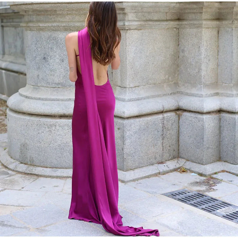 Elegante nastro solido Abito da donna con scollo all'americana con spalle scoperte Senza maniche Backless Slim Abiti lunghi femminili 2025 Estate New Chic Lady Robe