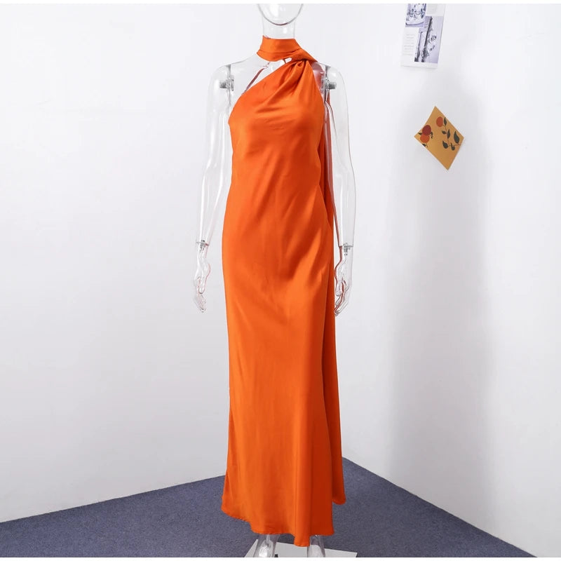 Elegante nastro solido Abito da donna con scollo all'americana con spalle scoperte Senza maniche Backless Slim Abiti lunghi femminili 2025 Estate New Chic Lady Robe