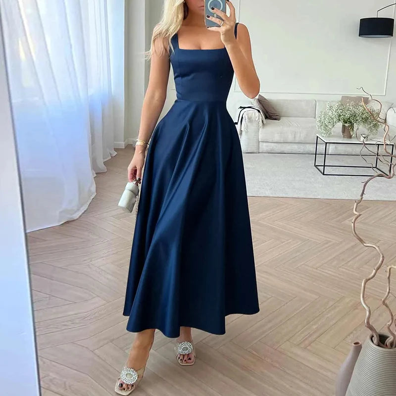 ZANZEA Abiti da canotta con cinturino sexy Moda donna Colletto quadrato Maxi vestito estivo Abito a vita in raso vintage Abito da festa estivo