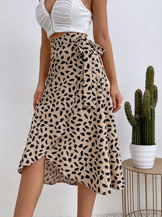 Benuynffy Boho Donna Casual Stampa Cravatta Gonna a portafoglio laterale Elegante vita alta Donna Estate Asimmetrico Lunghezza al ginocchio Gonne a trapezio
