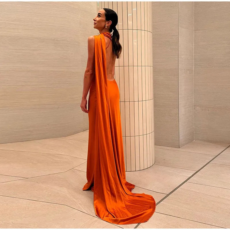 Elegante nastro solido Abito da donna con scollo all'americana con spalle scoperte Senza maniche Backless Slim Abiti lunghi femminili 2025 Estate New Chic Lady Robe