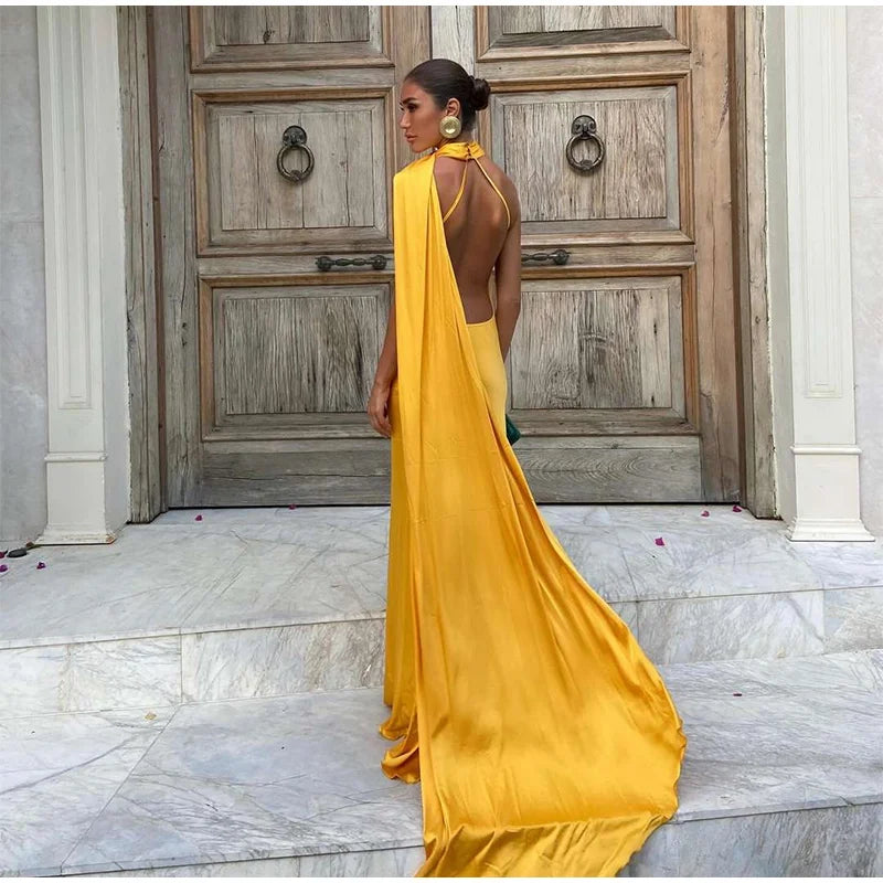 Elegante nastro solido Abito da donna con scollo all'americana con spalle scoperte Senza maniche Backless Slim Abiti lunghi femminili 2025 Estate New Chic Lady Robe