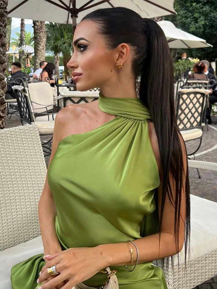 Elegante nastro solido Abito da donna con scollo all'americana con spalle scoperte Senza maniche Backless Slim Abiti lunghi femminili 2025 Estate New Chic Lady Robe
