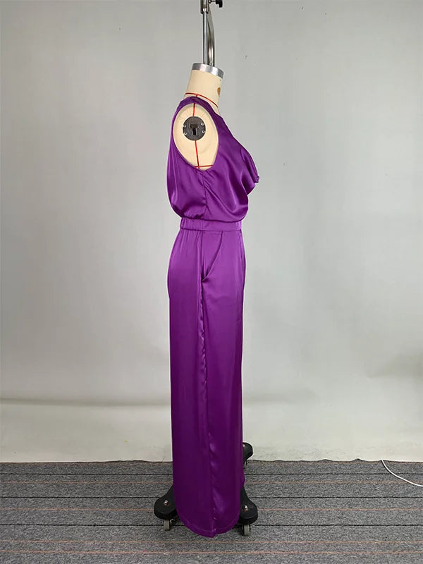 Gymystars Tute femminili con scollo a V Tute viola Estate allentate senza maniche con scollo a V profondo Elegante tuta intera a gamba larga da donna