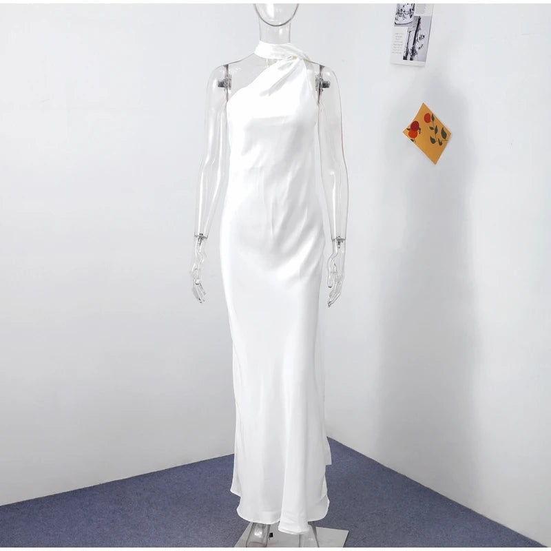 Elegante nastro solido Abito da donna con scollo all'americana con spalle scoperte Senza maniche Backless Slim Abiti lunghi femminili 2025 Estate New Chic Lady Robe