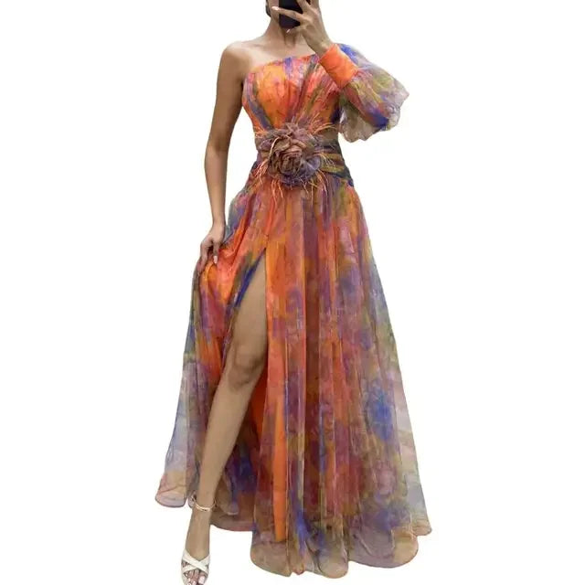 Elegante abito da festa formale Elegante abito da ballo monospalla tie-dye con maniche a palloncino in rete Abito da sera da donna con orlo diviso