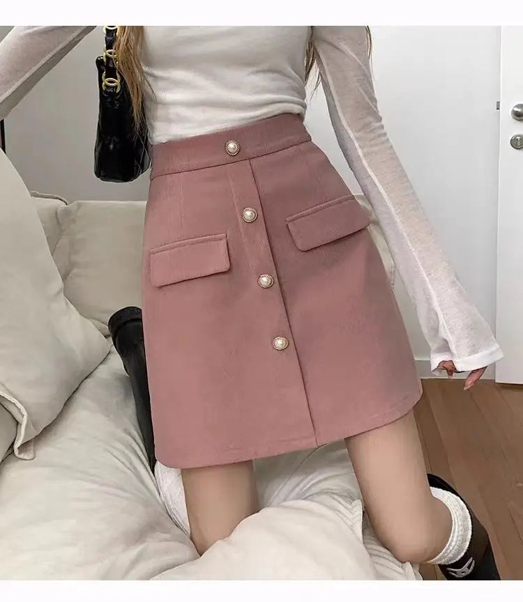 Gonna rosa a vita alta per le donne Primavera Autunno 2025 Nuova linea A per grasso Mm che copre la pancia e i glutei dimagranti Gonna corta