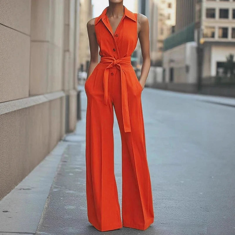 2025 Tute patchwork solide senza maniche, tute chic con colletto rovesciato per le vacanze estive da donna, tute semplici da donna con lacci