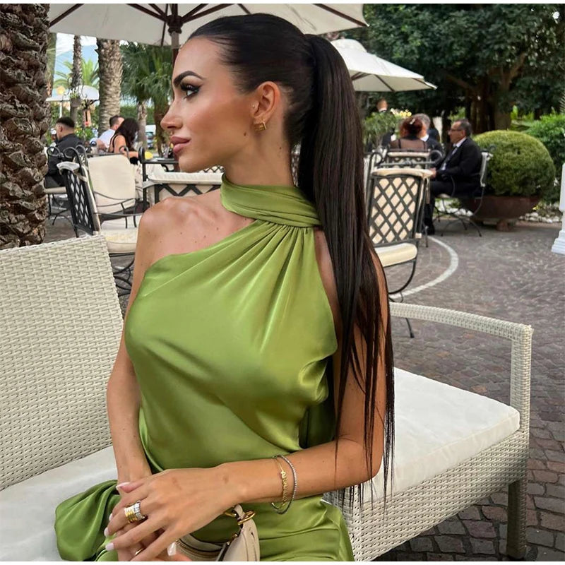 Elegante nastro solido Abito da donna con scollo all'americana con spalle scoperte Senza maniche Backless Slim Abiti lunghi femminili 2025 Estate New Chic Lady Robe