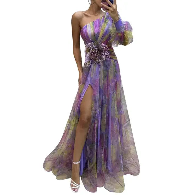 Elegante abito da festa formale Elegante abito da ballo monospalla tie-dye con maniche a palloncino in rete Abito da sera da donna con orlo diviso