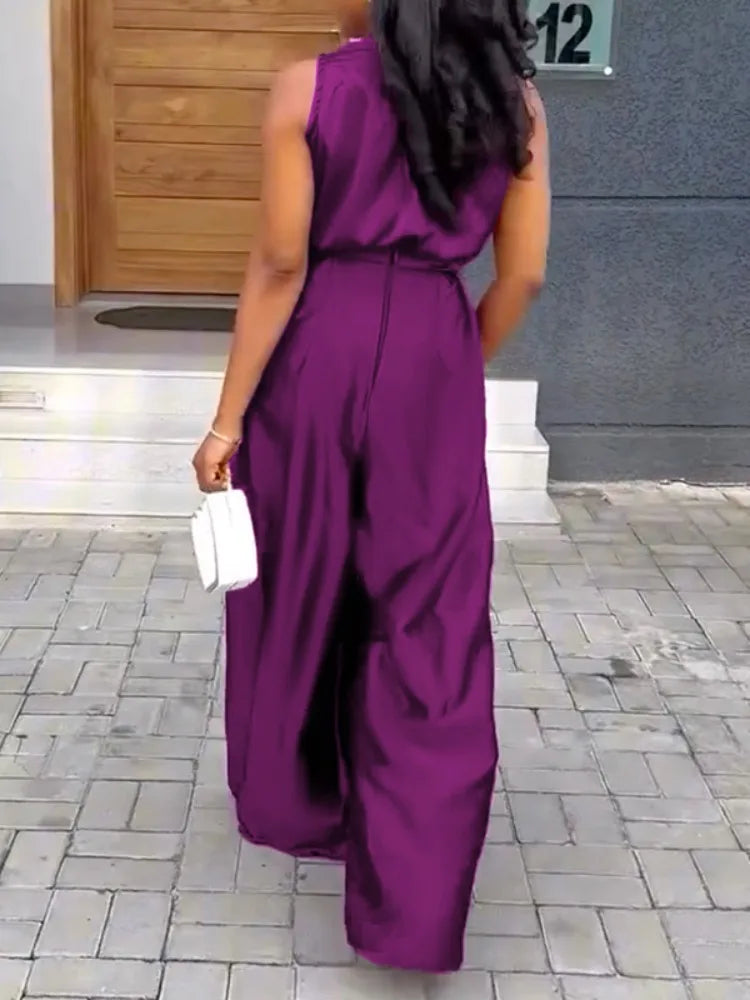 Gymystars Tute femminili con scollo a V Tute viola Estate allentate senza maniche con scollo a V profondo Elegante tuta intera a gamba larga da donna
