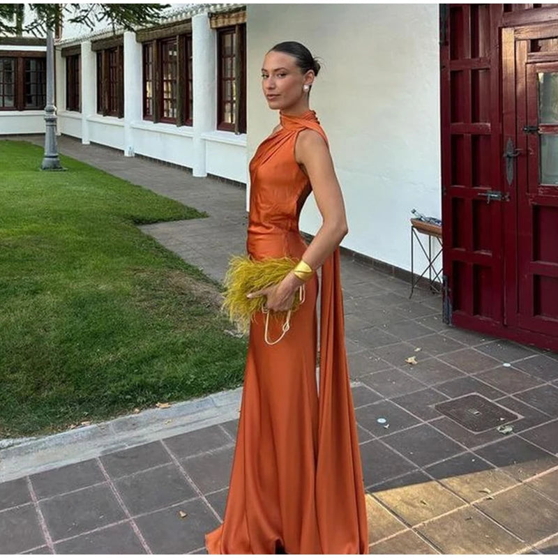 Elegante nastro solido Abito da donna con scollo all'americana con spalle scoperte Senza maniche Backless Slim Abiti lunghi femminili 2025 Estate New Chic Lady Robe