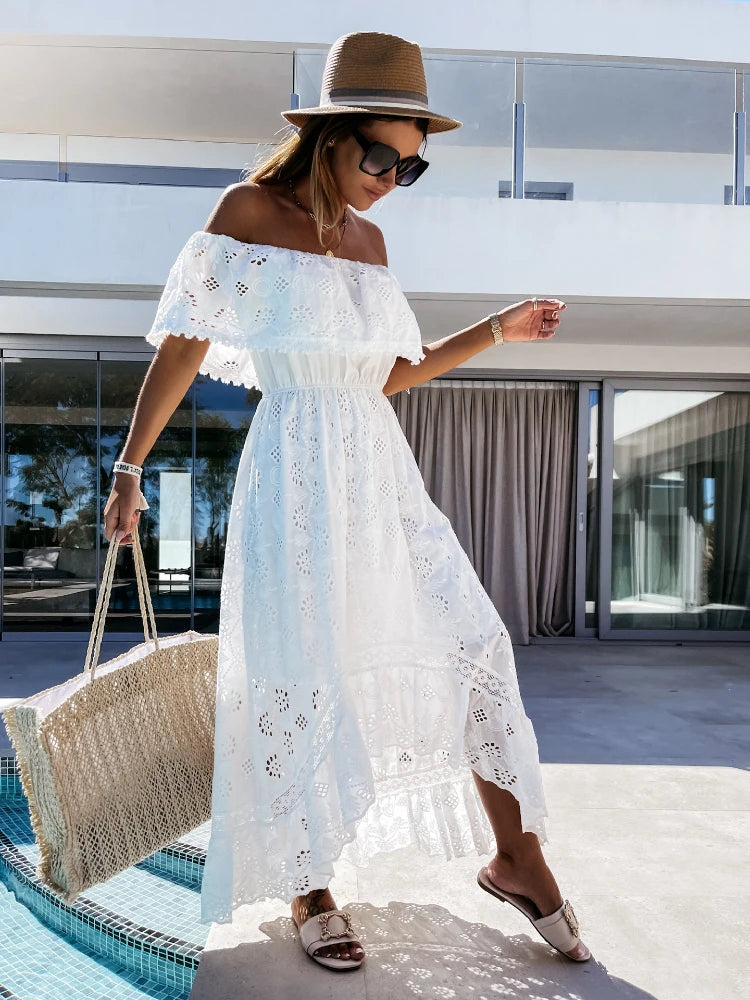 Abito lungo Casual da donna stile bohemien Sexy senza spalline con spalle scoperte nappa in pizzo vita alta orlo grande scava fuori abiti estate