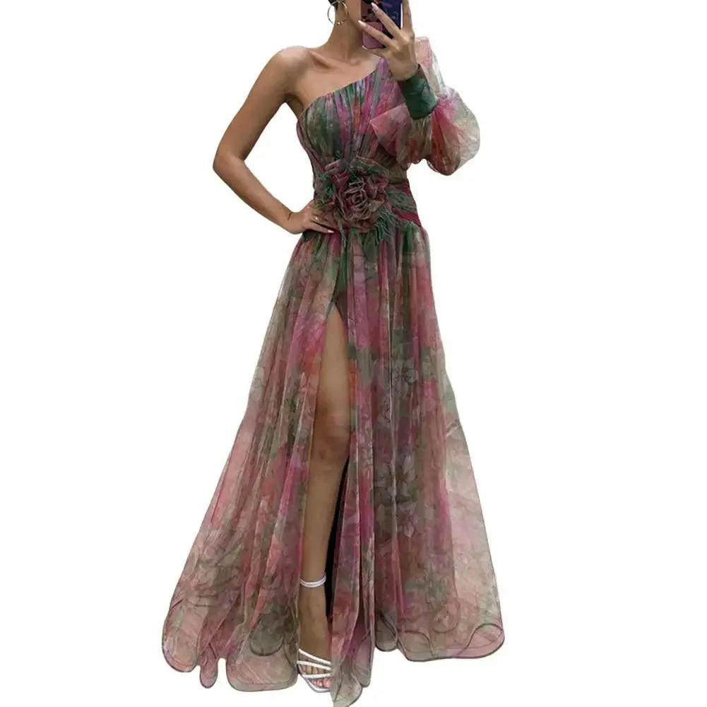 Elegante abito da festa formale Elegante abito da ballo monospalla tie-dye con maniche a palloncino in rete Abito da sera da donna con orlo diviso