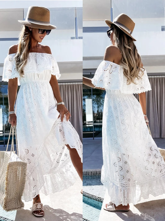 Abito lungo Casual da donna stile bohemien Sexy senza spalline con spalle scoperte nappa in pizzo vita alta orlo grande scava fuori abiti estate