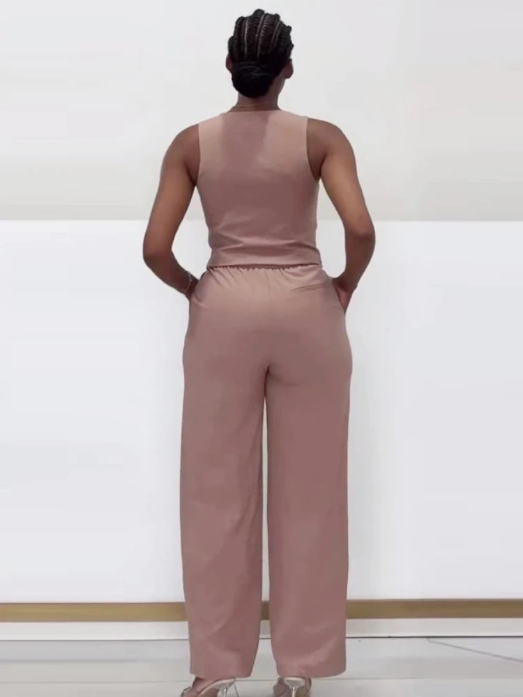 Set da due pezzi alla moda Completi da donna da ufficio Set da donna Tinta unita senza maniche con bottoni Gilet Camicia e pantaloni a gamba larga Set