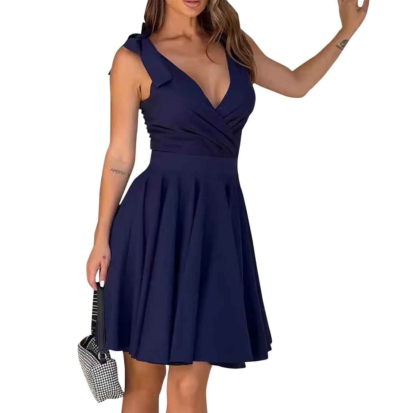 Mini abito elegante da donna nuovo senza maniche con cerniera a vita alta corsetto con scollo a V abito con cinturino con fiocco temperamento abbigliamento donna
