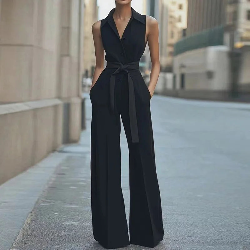 2025 Tute patchwork solide senza maniche, tute chic con colletto rovesciato per le vacanze estive da donna, tute semplici da donna con lacci