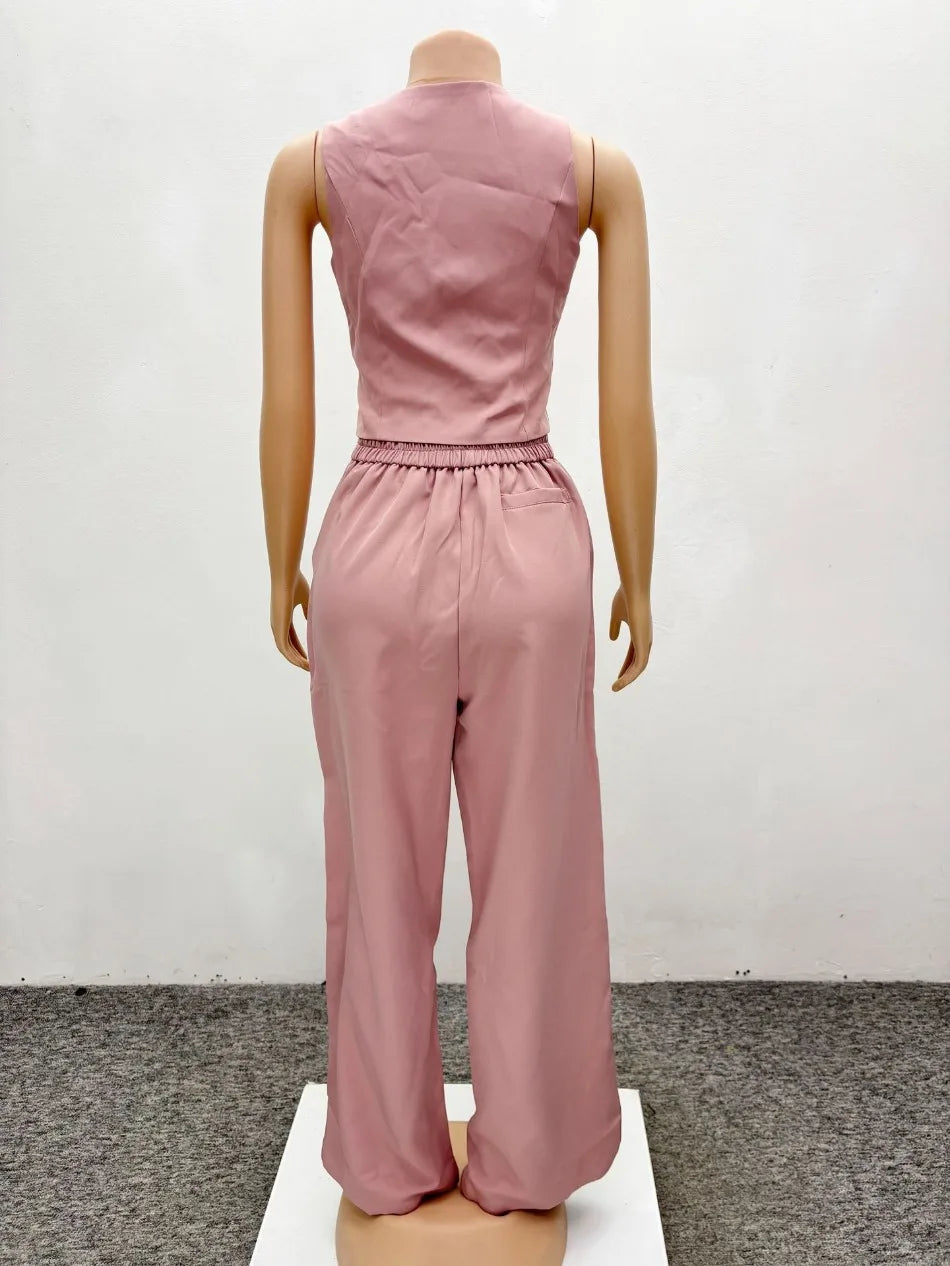 Set da due pezzi alla moda Completi da donna da ufficio Set da donna Tinta unita senza maniche con bottoni Gilet Camicia e pantaloni a gamba larga Set