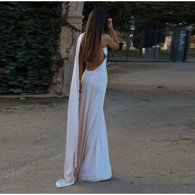Elegante nastro solido Abito da donna con scollo all'americana con spalle scoperte Senza maniche Backless Slim Abiti lunghi femminili 2025 Estate New Chic Lady Robe