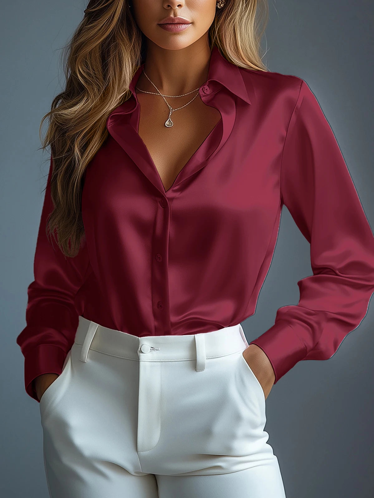 Camicie in raso da donna Camicetta elegante a maniche lunghe tinta unita Camicia da ufficio da donna abbottonata Top Camicie girocollo femminile Camicetta 2025 Autunno